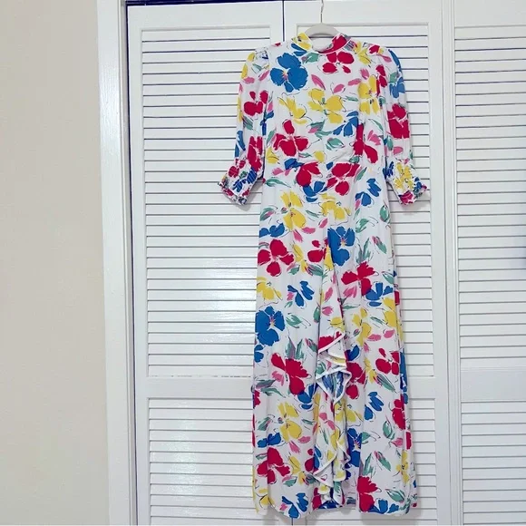 Rixo white Floral multicolored Mock Neck Cascade Ruffle Dress short sleeves sz 6 - Picture 3 of 16